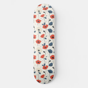 Waterverf Poppies Pattern – Rood, Blauw & Wit Persoonlijk Skateboard