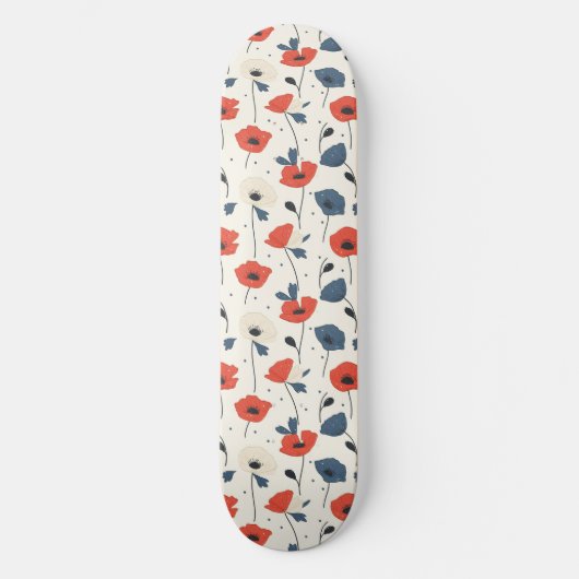 Waterverf Poppies Pattern – Rood, Blauw & Wit Persoonlijk Skateboard (Voorkant)