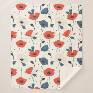 Waterverf Poppies Pattern – Rood, Blauw & Wit Sherpa Deken
