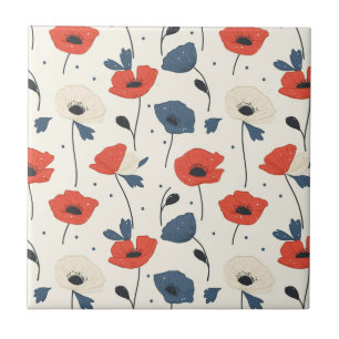 Waterverf Poppies Pattern – Rood, Blauw & Wit Tegeltje