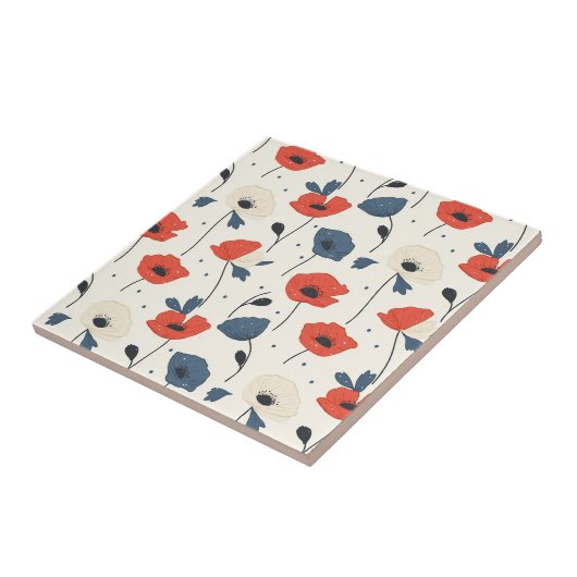 Waterverf Poppies Pattern – Rood, Blauw & Wit Tegeltje (Zijkant)