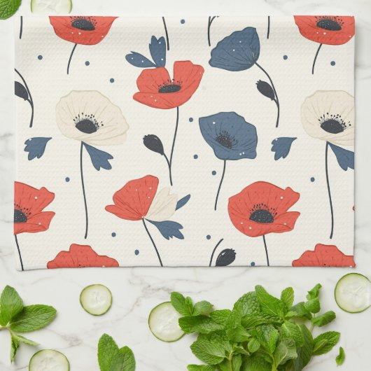 Waterverf Poppies Pattern – Rood, Blauw & Wit Theedoek (Gevouwen)