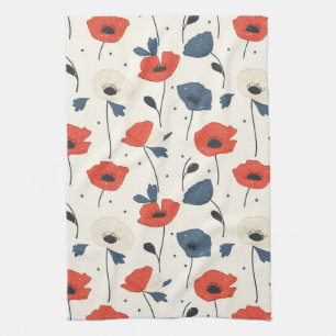 Waterverf Poppies Pattern – Rood, Blauw & Wit Theedoek