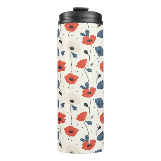 Waterverf Poppies Pattern – Rood, Blauw & Wit Thermosbeker (Voorkant)