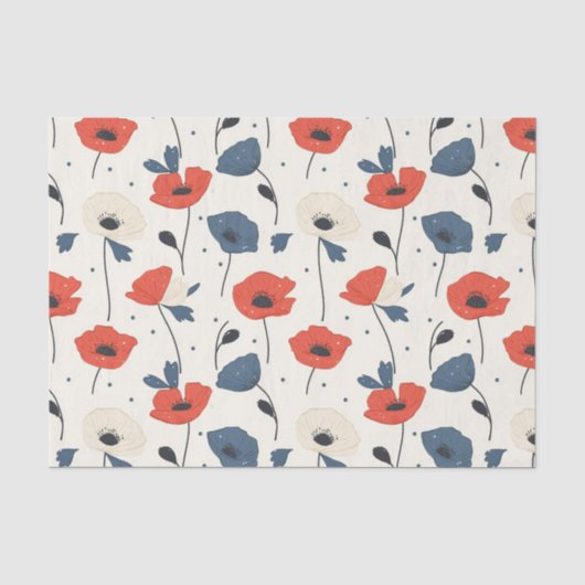 Waterverf Poppies Pattern – Rood, Blauw & Wit Tissuepapier (Voorkant)