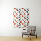 Waterverf Poppies Pattern – Rood, Blauw & Wit Wandkleed (In situ)