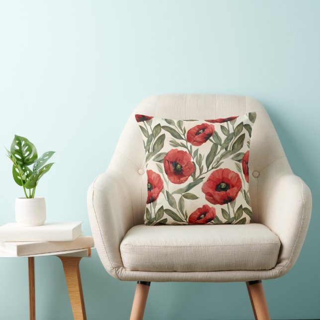 Waterverf Poppies Print Sierkussen (Stoel)