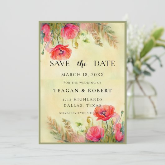 Waterverf Poppies Spring Wedding Save The Date (Staand voorkant)