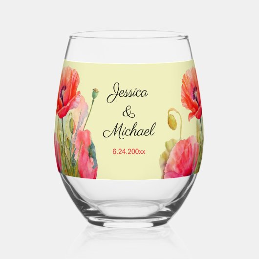 Waterverf Poppies Spring Wedding Wijnglas Zonder Voet (Voorkant)