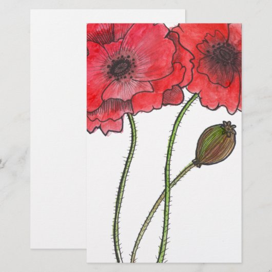Waterverf Poppy Briefpapier (Voorkant / Achterkant)