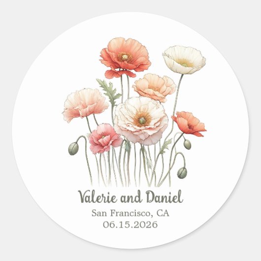 Waterverf Poppy Flowers  aangepaste bruiloft Ronde Sticker (Voorkant)