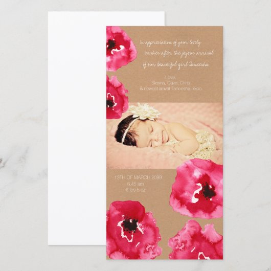 Waterverf Poppy Flowers Baby Meisje Bedankt Card (Voorkant / Achterkant)