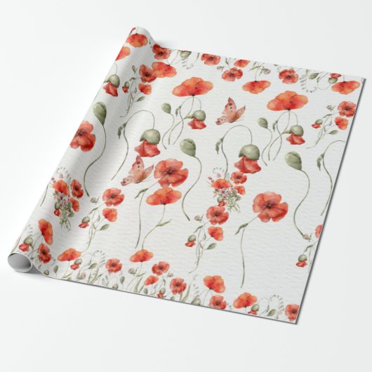 Waterverf Poppy Red-bruiloft voor wilde bloemen Cadeaupapier (Uitgerold)