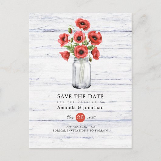 Waterverf Poppy rustieke Mason Jar bruiloft Aankondigingskaart (Voorkant)