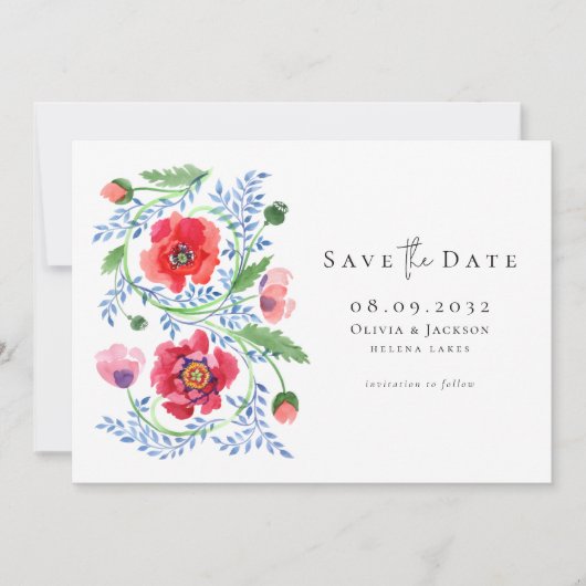 Waterverf Poppy Wildflowers Script Wedding Save The Date (Voorkant)