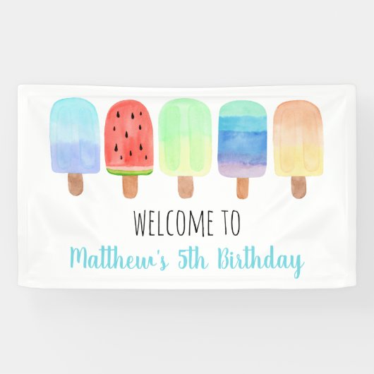Waterverf Popsicle Blue Boy Birthday Spandoek (Horizontaal)