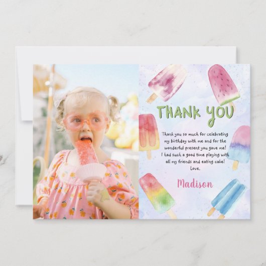 Waterverf Popsicle Verjaardagsfoto Dank u kaart (Voorkant)