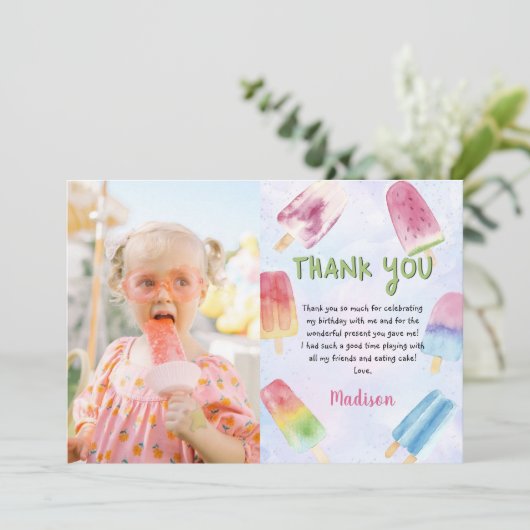 Waterverf Popsicle Verjaardagsfoto Dank u kaart (Staand voorkant)