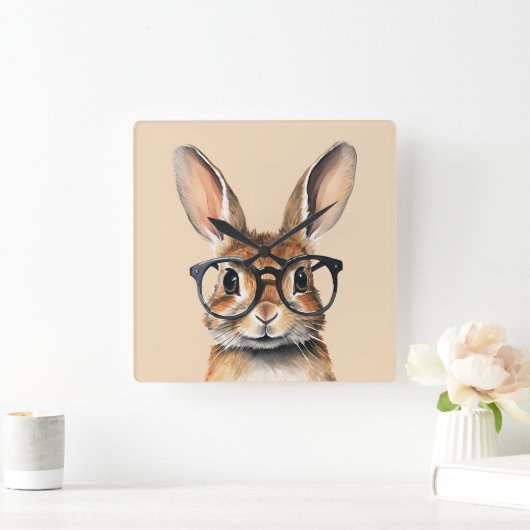 Waterverf portret Schattige konijn met bril Vierkante Klok (Huis)