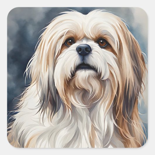 Waterverf Portret Sweet Shih Tzu Dog Pose Vierkante Sticker (Voorkant)