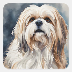 Waterverf Portret Sweet Shih Tzu Dog Pose Vierkante Sticker