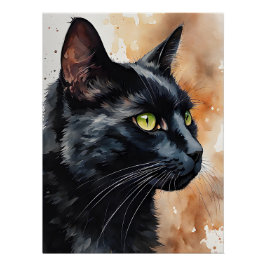 Waterverf Portret van Black Cat Green Eyes Pose Perfect Poster