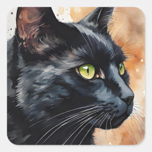 Waterverf Portret van Black Cat Green Eyes Pose Vierkante Sticker
