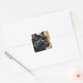 Waterverf Portret van Black Cat Green Eyes Pose Vierkante Sticker (Envelop)