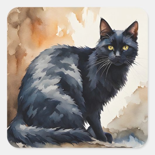 Waterverf Portret van Black Cat Pose Vierkante Sticker (Voorkant)