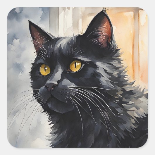 Waterverf Portret van Black Cat Pose Windows Vierkante Sticker (Voorkant)