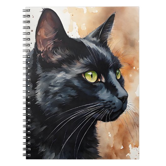 Waterverf Portret van Black Cat Profile Pose Notitieboek (Voorkant)