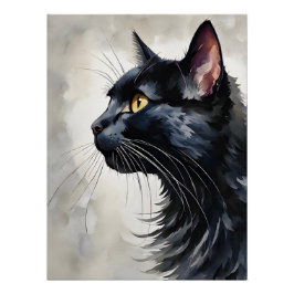 Waterverf Portret van Black Cat Profile Pose Perfect Poster