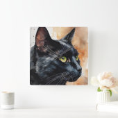 Waterverf Portret van Black Cat Profile Pose Vierkante Klok (Huis)