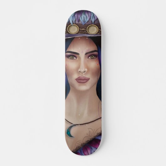 Waterverf portret van een op steampunk geïnspireer persoonlijk skateboard (Voorkant)