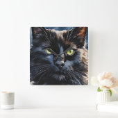 Waterverf Portret van Zwarte Kat met Groene Ogen Vierkante Klok (Huis)