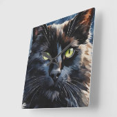 Waterverf Portret van Zwarte Kat met Groene Ogen Vierkante Klok (Hoek)