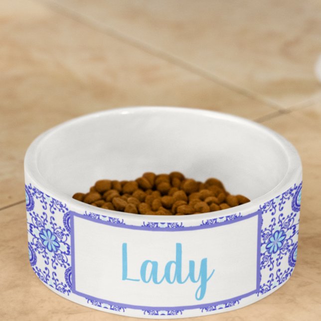 Waterverf Positano Amalfi Tegel Design Pet Voerbakje (A lovely Italian style food or water bowl with your pet's name! )