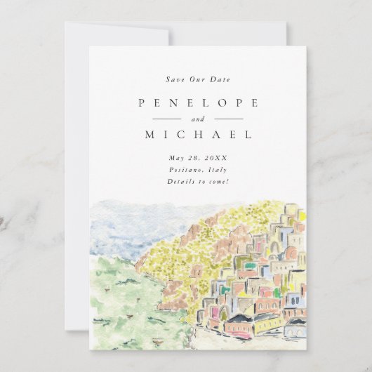 Waterverf Positano Italië Bestemmingsweddenschap Save The Date (Voorkant)