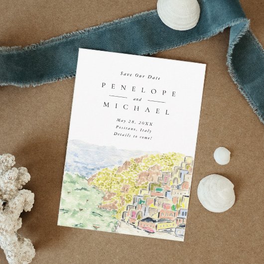 Waterverf Positano Italië Bestemmingsweddenschap Save The Date
