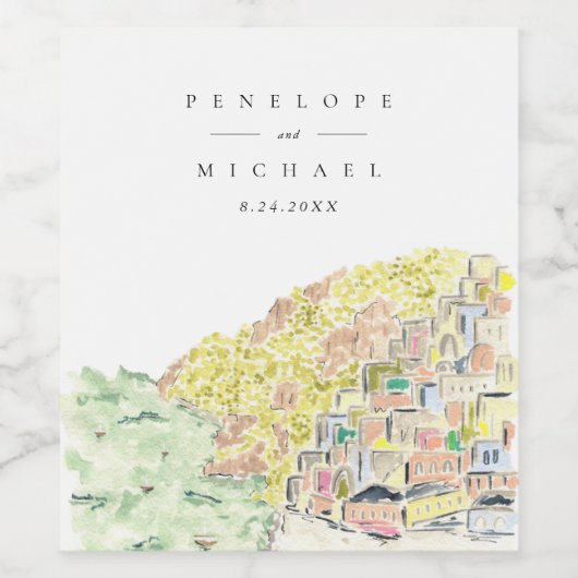 Waterverf Positano Italië Weddenschap Wijn Label Wijn Etiket (Enkel label)