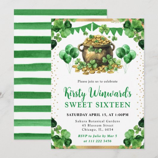 Waterverf Pot met Goud St. Patrick's Sweet 16 Kaart (Voorkant / Achterkant)