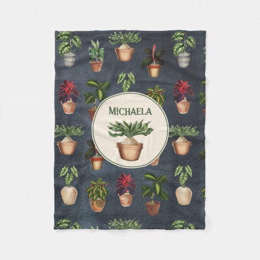 Waterverf Potentiële Planten Rustic Pattern Zwarte Fleece Deken (Voorkant)