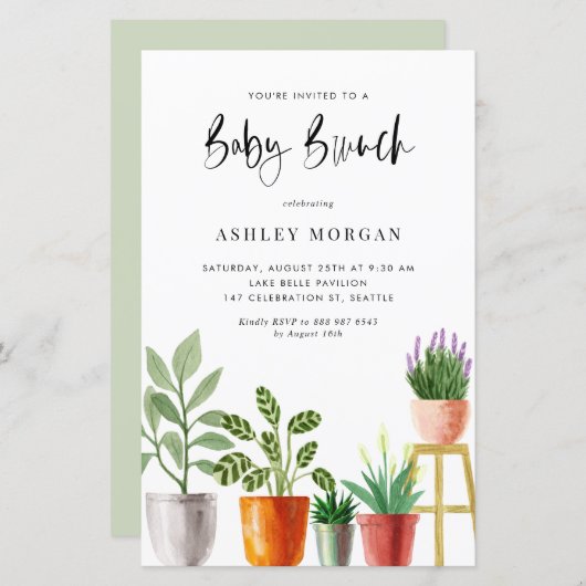Waterverf Potlood Planten Baby Brunch Invitation (Voorkant / Achterkant)