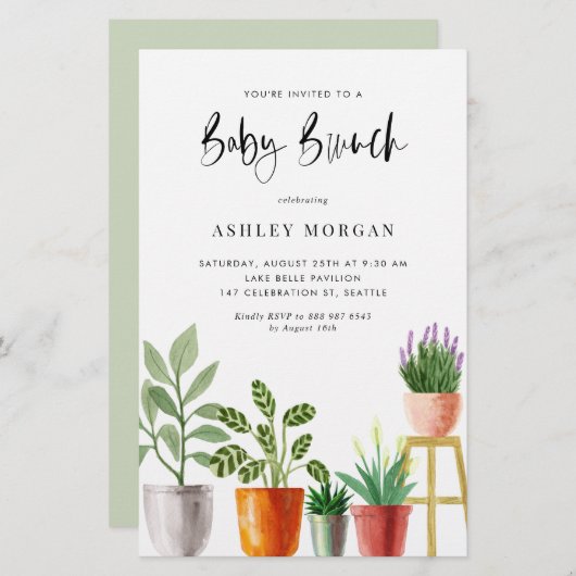 Waterverf Potlood Planten Baby Brunch Invitation (Voorkant / Achterkant)