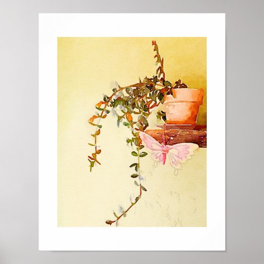Waterverf Potplant en Vlinder Poster (Voorkant)