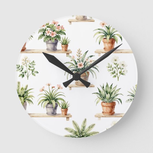 Waterverf Potplanten Plank Patroon Ronde Klok (Voorkant)