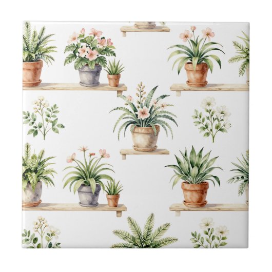 Waterverf Potplanten Plank Patroon Tegeltje (Voorkant)