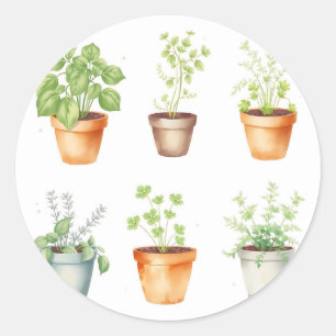 Waterverf Potted Herbs op Cream Achtergrond Ronde Sticker