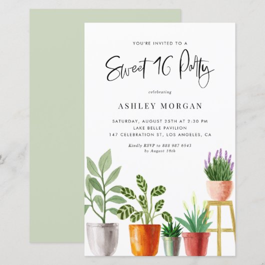 Waterverf Potted Planten Sweet 16 Party Invitation (Voorkant / Achterkant)