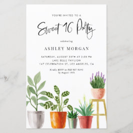 Waterverf Potted Planten Sweet 16 Party Invitation